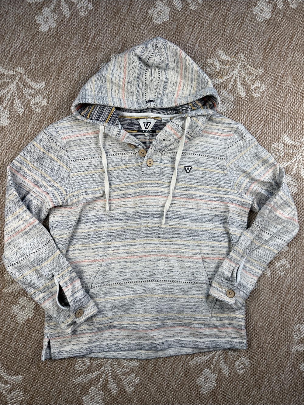 VISSLA Hooded Striped Pullover in Light Gray with Pink & Blue Accents
